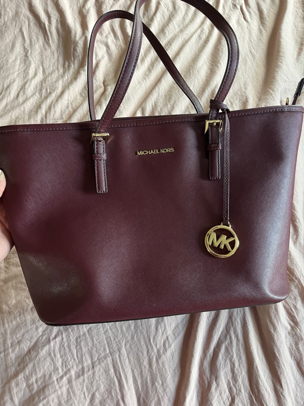 Michael Kors Wine Saffiano Leather Tote with Gold Accent